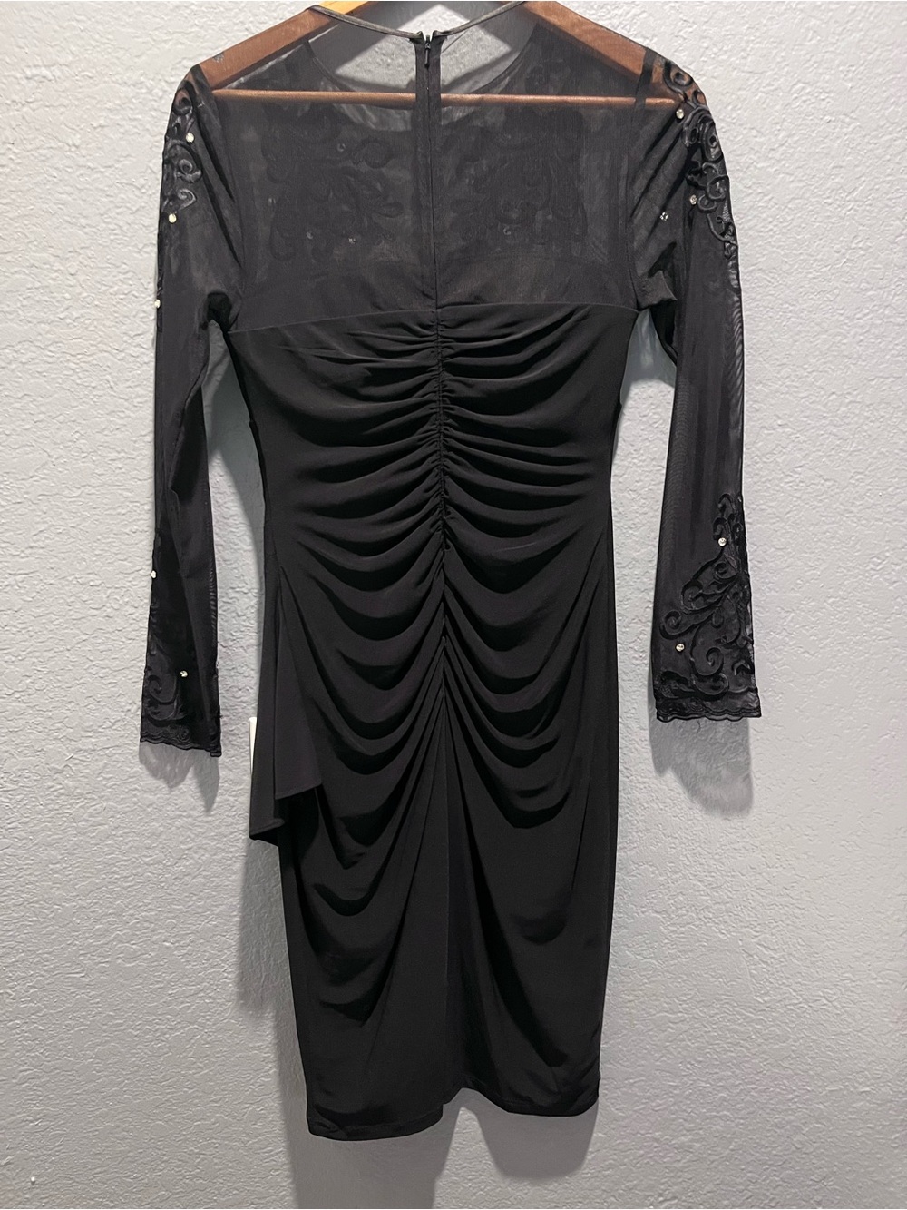 Xscape Black Long-Sleeve Embroidered Sheer Cocktail Dress - Picture 10 of 10